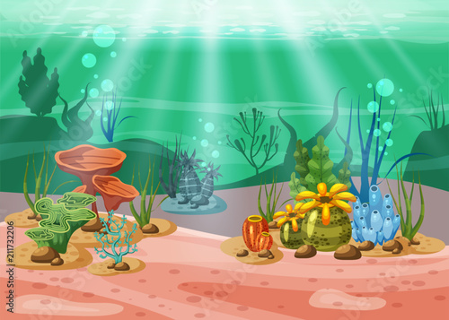 Underwater illustration and life. the beauty of marine life. Algae and coral reefs are beautiful and colorful, vector, isolated, cartoon style