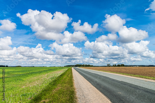 Green grass field, asphalt road and bright blue sky. Dobele, Latvia