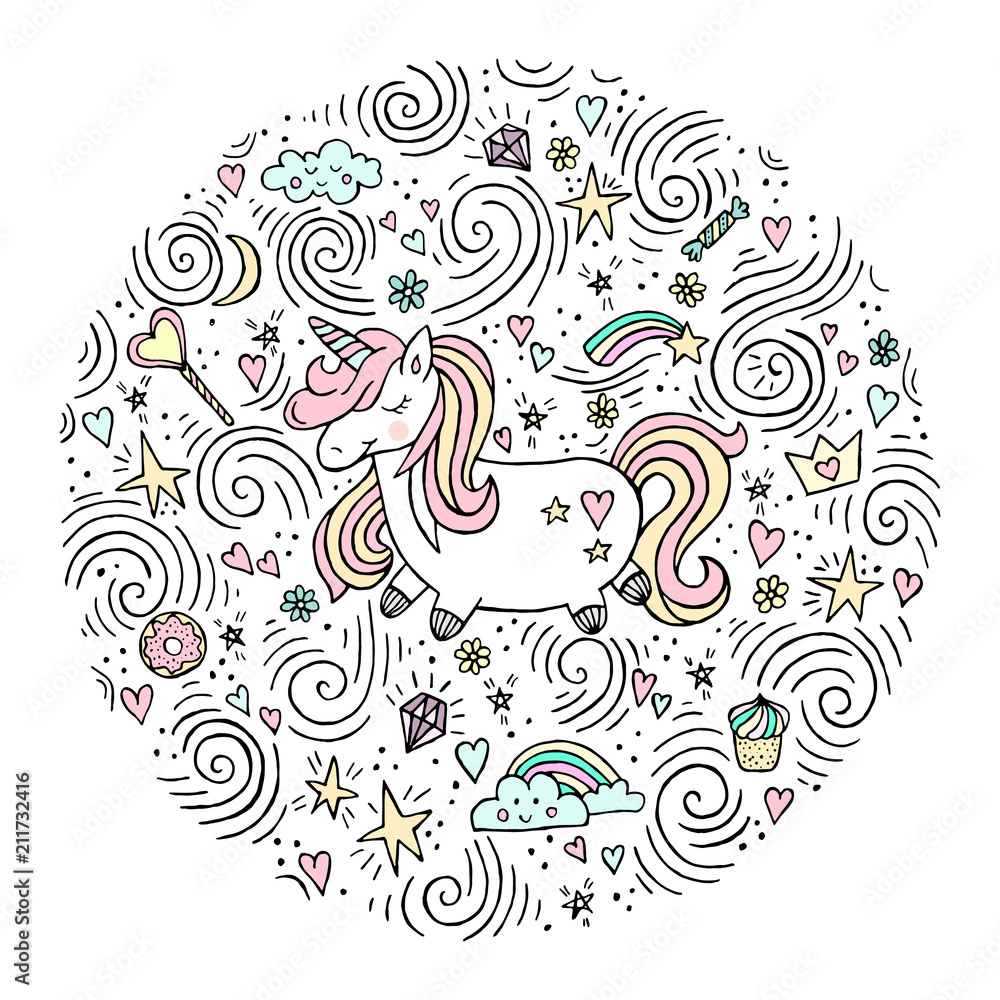 Obraz premium Cute magical unicorn. Vector design isolated on white background. Romantic hand drawing illustration for children.