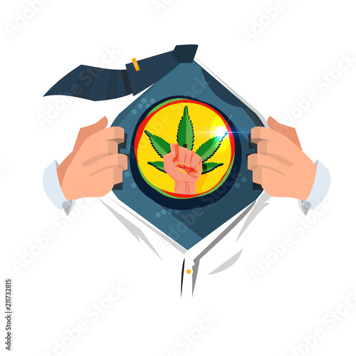 man open shirt to show weed leaf with fish hand. support marijuanas be legalized - vector
