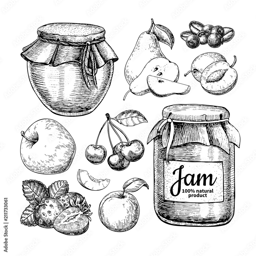 Fruit jam glass jar vector drawing. Jelly and marmalade with str Stock