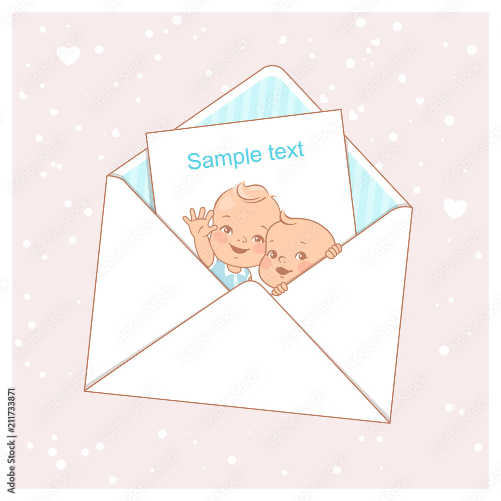 Twin baby shower card. Cute little twins in envelope.Two boys. Brothers. Siblings. Design template with blank text frame. Vector illustration. Twin baby shower card. Cute little twins in envelope.Two boys. Brothers. Siblings. Design template with blank text frame. Vector illustration.