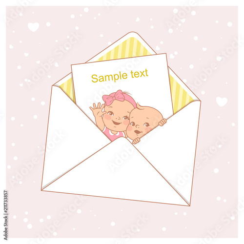 Twin baby shower card.  Cute little twins in envelope. Boy and girl. Sister and brother. Siblings. Design template with blank text frame. Vector illustration.