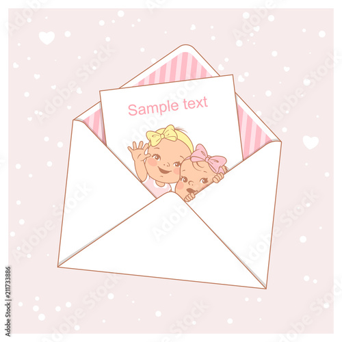 Twin baby shower card.  Cute little twins in envelope. Two girls. Sisters. Siblings. Design template with blank text frame. Vector illustration.