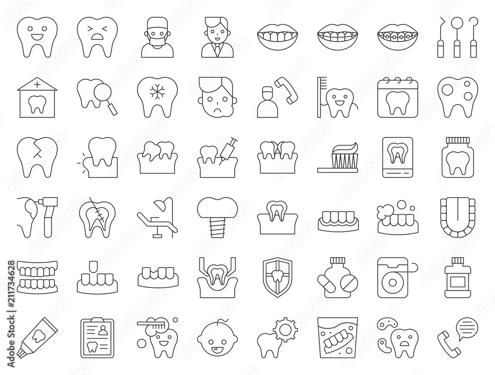 dentist and dental clinic related icon, such as toothbrush, tooth decay, make an appointment, teeth whitening, dental instruments, dentures, dental floss, thin line icon