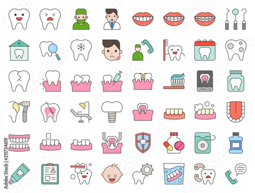 dentist and dental clinic related icon, such as toothbrush, tooth decay, make an appointment, teeth whitening, dental instruments, dentures, dental floss, filled outline icon