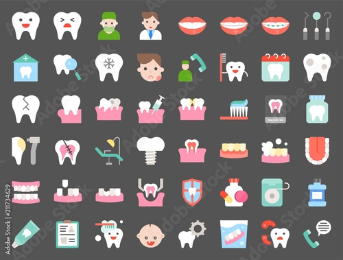 dentist and dental clinic related icon, such as toothbrush, tooth decay, make an appointment, teeth whitening, dental instruments, dentures, dental floss, flat icon