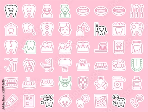 dentist and dental clinic related icon, such as toothbrush, tooth decay, make an appointment, teeth whitening, dental instruments, dentures, dental floss, sticker outline icon