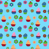 Cute seamless texture with cupcakes and flowers and fruits