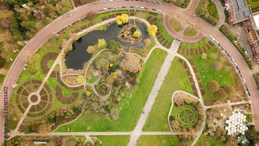 Aerial drone bird's eye view photo of iconic Regent's Park unique nature and Symetry of Queen Mary's Rose Gardens as seen from above, London, United Kingdom Aerial drone bird's eye view photo of iconic Regent's Park unique nature and Symetry of Queen Mary's Rose Gardens as seen from above, London, United Kingdom
