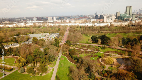 Aerial drone bird's eye view photo of iconic Regent's Park unique nature and Symetry of Queen Mary's Rose Gardens as seen from above, London, United Kingdom