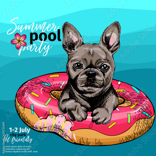 Vector portrait of French bulldog dog swimming in water. Donut float. Summer pool paty illustration. Sea, ocean, beach. Hand drawn pet portait. Poster, t-shirt print, holiday, postcard, summertime.