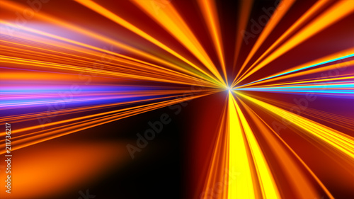 Light motion. Speed motion on the neon glowing road at dark. Speed motion on the road. Colored light streaks acceleration. Abstract illustration. Pink Orange and Blue motion streaks.
