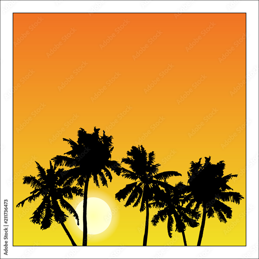 Vector summer poster framed with red and orange palm trees on white background.