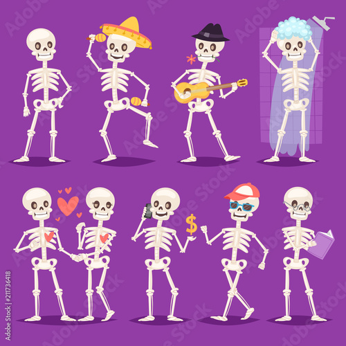 Cartoon skeleton vector bony character mexican musician or lovely couple with skull and human bones illustration skeletal set of dead people dancing or bathing isolated on background