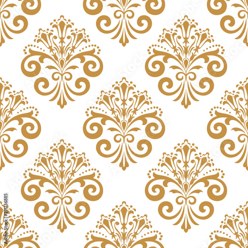 Wallpaper in the style of Baroque. Seamless vector background. White and gold floral ornament. Graphic pattern for fabric, wallpaper, packaging. Ornate Damask flower ornament