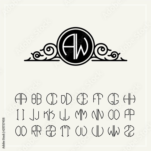 Monogram, an baroque label with two letters inscribed in the circle. A set of alphabet to fit in a circle. Can be used for logos, wedding designs.