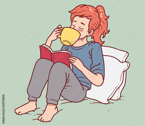 Girl relaxing drinking coffee and reading