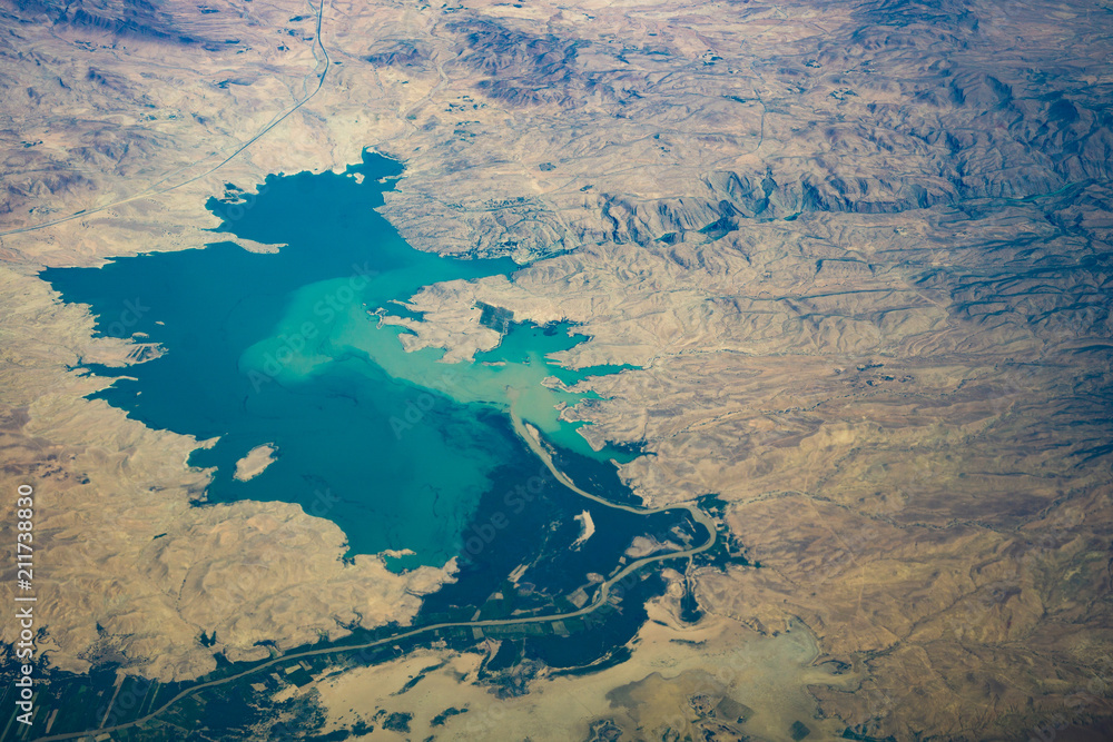Aerial view of the desert and a lake
