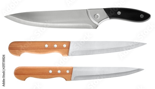 Kitchen knives with wooden and plastic handle isolated on white