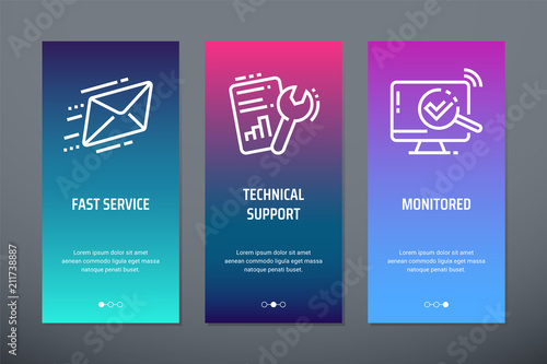 Fast service, Technical support, Monitored Vertical Cards with strong metaphors.