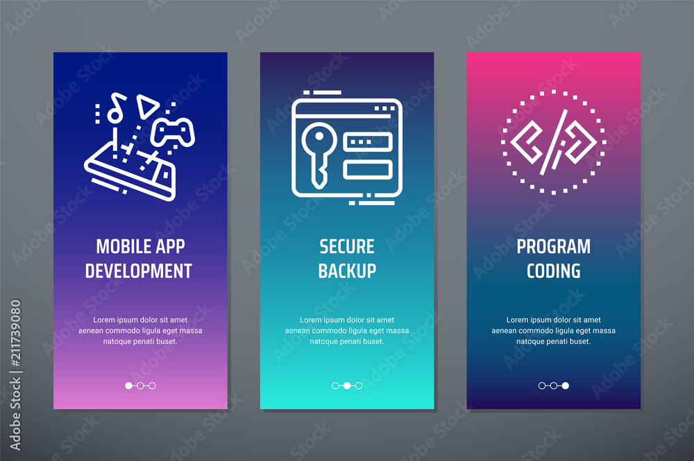 Fototapeta premium Mobile app development, Secure backup, Program coding Vertical Cards with strong metaphors.
