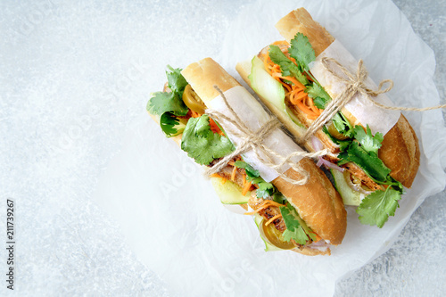 Classical banh-mi sandwich with sliced grilled pork tenderloin, shredded carrots and peeled cucumbers, jalapeno peppers and cilantro on white textured background. Top view, copy space photo