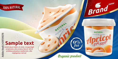 Natural Apricot Greek Yogurt ads flyer with spoon of yoghurt or cream and packaging container 3d vector realistic illustration