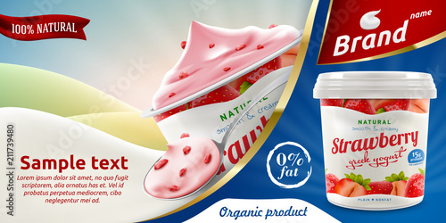 Natural Strawberry Greek Yogurt ads flyer with spoon of yoghurt or cream and packaging container 3d vector realistic illustration