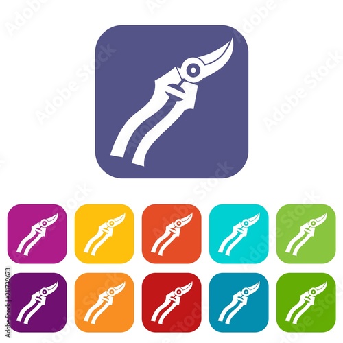 Garden shears icons set vector illustration in flat style in colors red, blue, green, and other