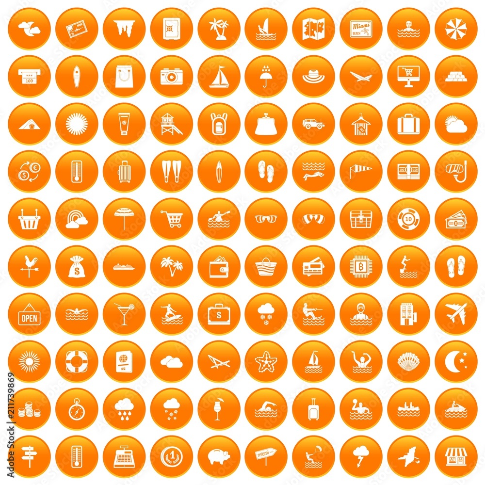 100 seaside resort icons set in orange circle isolated on white vector illustration