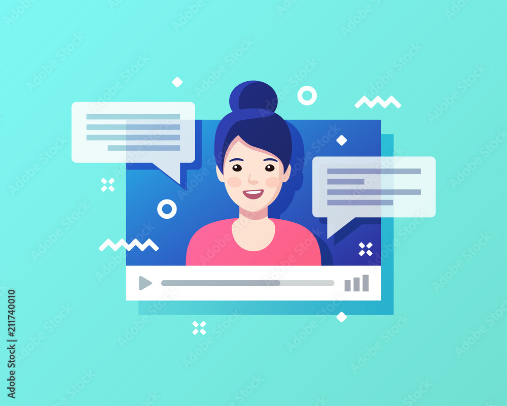 Concept of on-line video chat app, internet talk, call technology. Video player window with speaking woman and messages. Vector illustration. - obrazy, fototapety, plakaty 