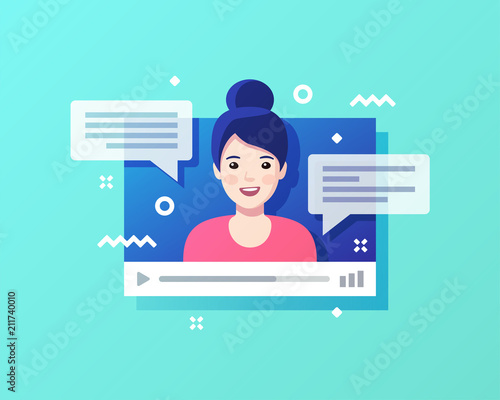 Concept of on-line video chat app, internet talk, call technology. Video player window with speaking woman and messages. Vector illustration.