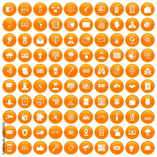 100 security icons set in orange circle isolated on white vector illustration