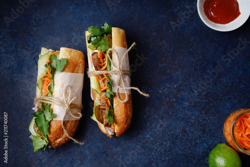 Classical banh-mi sandwich with sliced grilled pork tenderloin, shredded carrots and peeled cucumbers, jalapeno peppers and cilantro on dark blue background with copy space