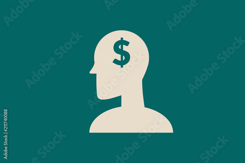 Millionaire mind. A silhouette represents a man motivated to put into action a millionaire idea in a business of abundant profits. Concept of success in finance. Isolated flat design