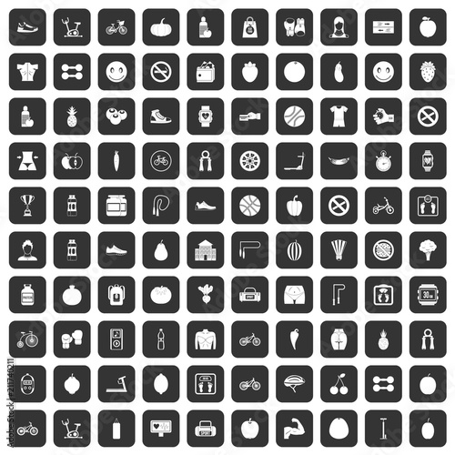 100 fitness icons set in black color isolated vector illustration