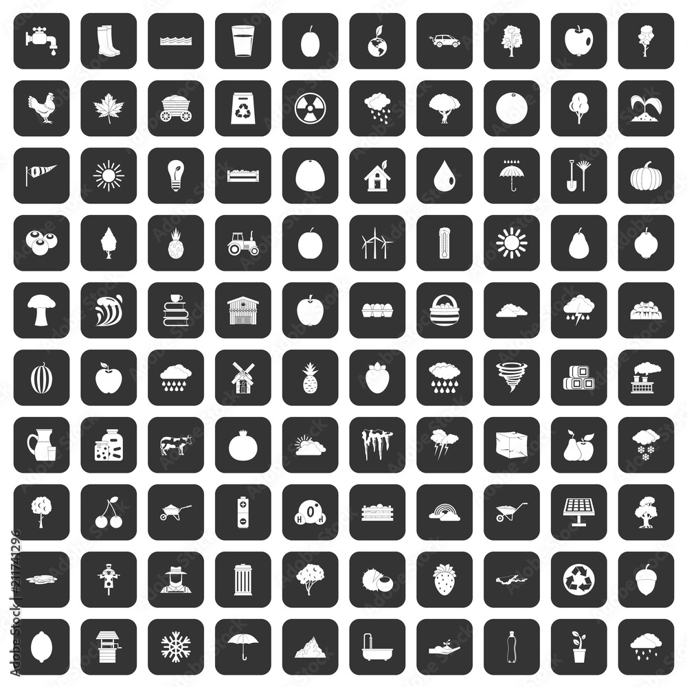 100 fruit icons set in black color isolated vector illustration