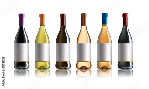Red wine bottle. Set of white, rose, and red wine bottles. isolated on white background.