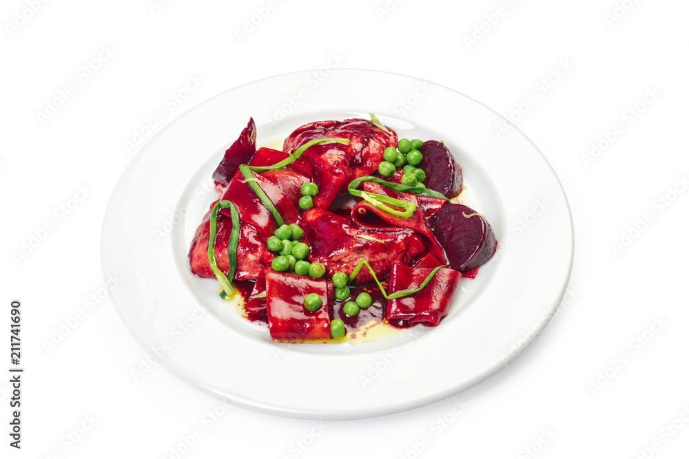 salad with beets, peas and meat isolated on white salad with beets, peas and meat isolated on white