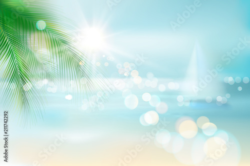 View of a tropical beach with palm tree and a sailboat. Vector Illustration. 