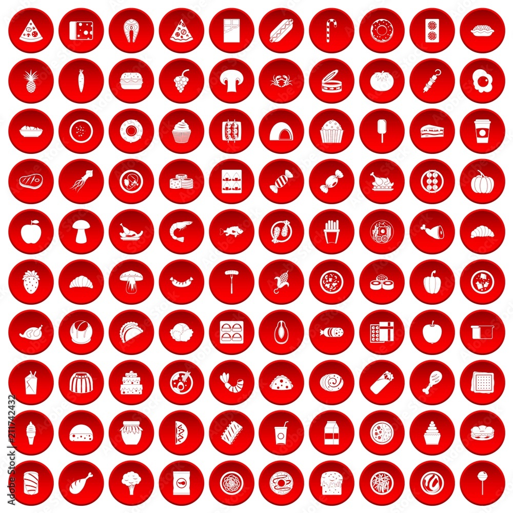 100 meal icons set in red circle isolated on white vectr illustration 100 meal icons set in red circle isolated on white vectr illustration