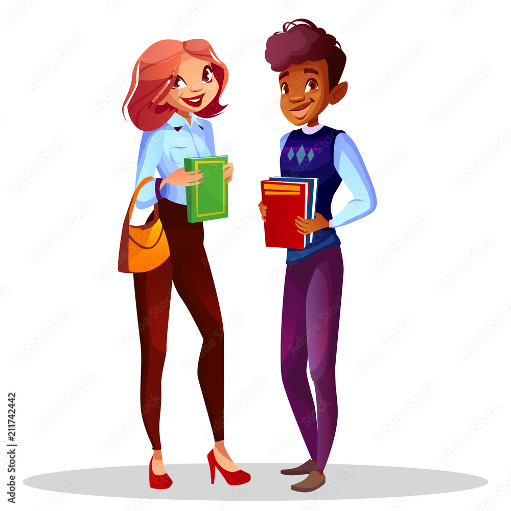 College or university students vector illustration of teen girl with school bag and black Afro American boy in casual clothes with study books for different nationalities education.