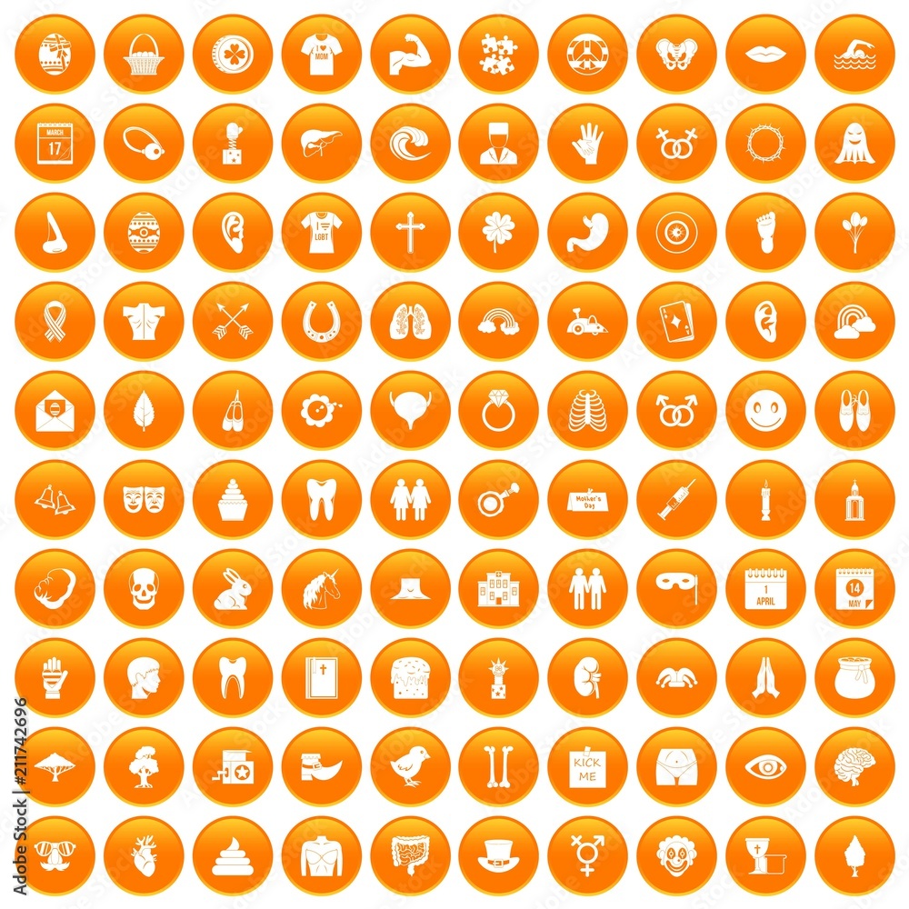 100 spring holidays icons set in orange circle isolated on white vector illustration 100 spring holidays icons set in orange circle isolated on white vector illustration