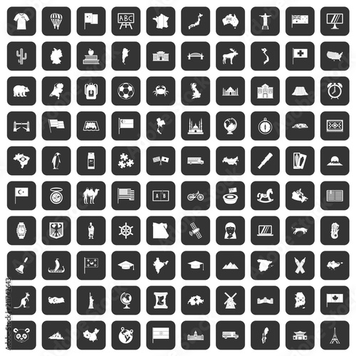 100 geography icons set in black color isolated vector illustration