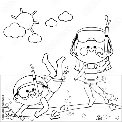 Children with diving masks swimming in the sea. Vector black and white coloring page.