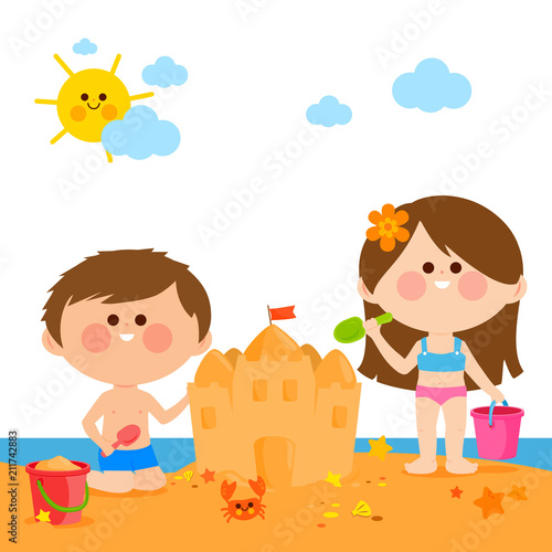 Children at the beach building a sandcastle. Vector illustration