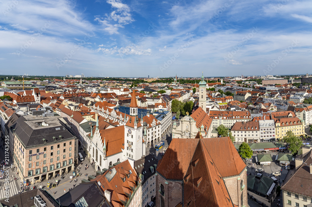 Beautiful super wide-angle sunny aerial view of Munich, Bavaria.
