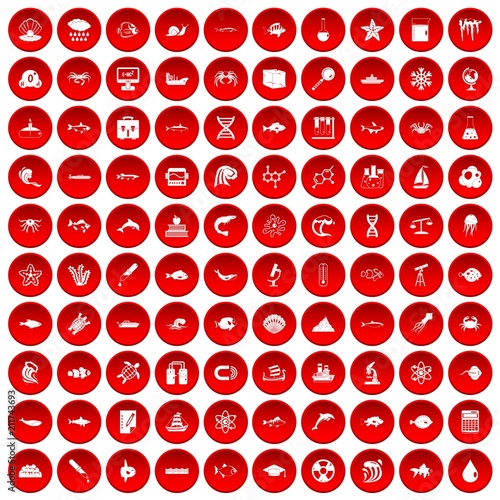 100 oceanology icons set in red circle isolated on white vectr illustration
