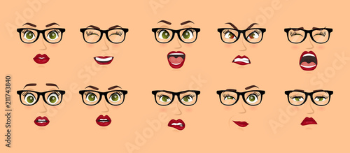Woman with glasses facial expressions, gestures, emotions happiness surprise disgust sadness rapture disappointment fear surprise joy smile despondency. Cartoon icons set isolated. Vector illustration